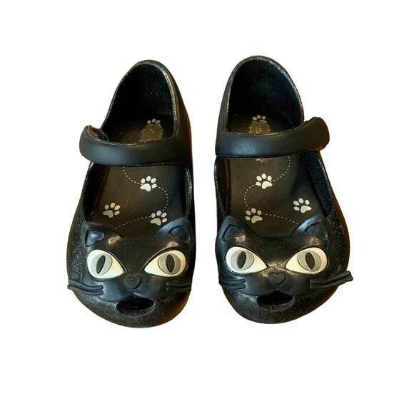 MINI MELISSA Black Cat Shoes Girls 7 Mary Jane Glitter Cats Toddler Girl Shoe - Picture 1 of 6